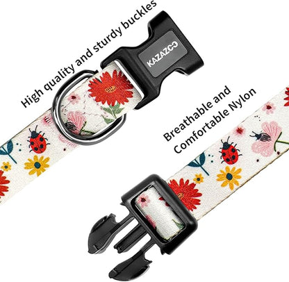Kazazoo Dog Collar Cute and Soft Nylon Puppy Collar for Boy and Girl, Adjustable Dog Collars for Small Medium Dogs, Ladybugs and Flowers-M
