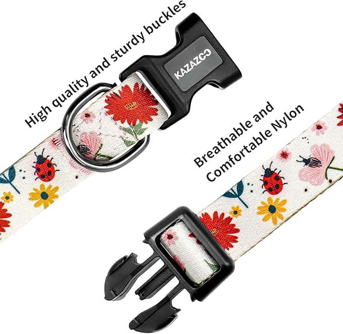 Kazazoo Dog Collar Cute and Soft Nylon Puppy Collar for Boy and Girl, Adjustable Dog Collars for Small Medium Dogs, Ladybugs and Flowers-XS