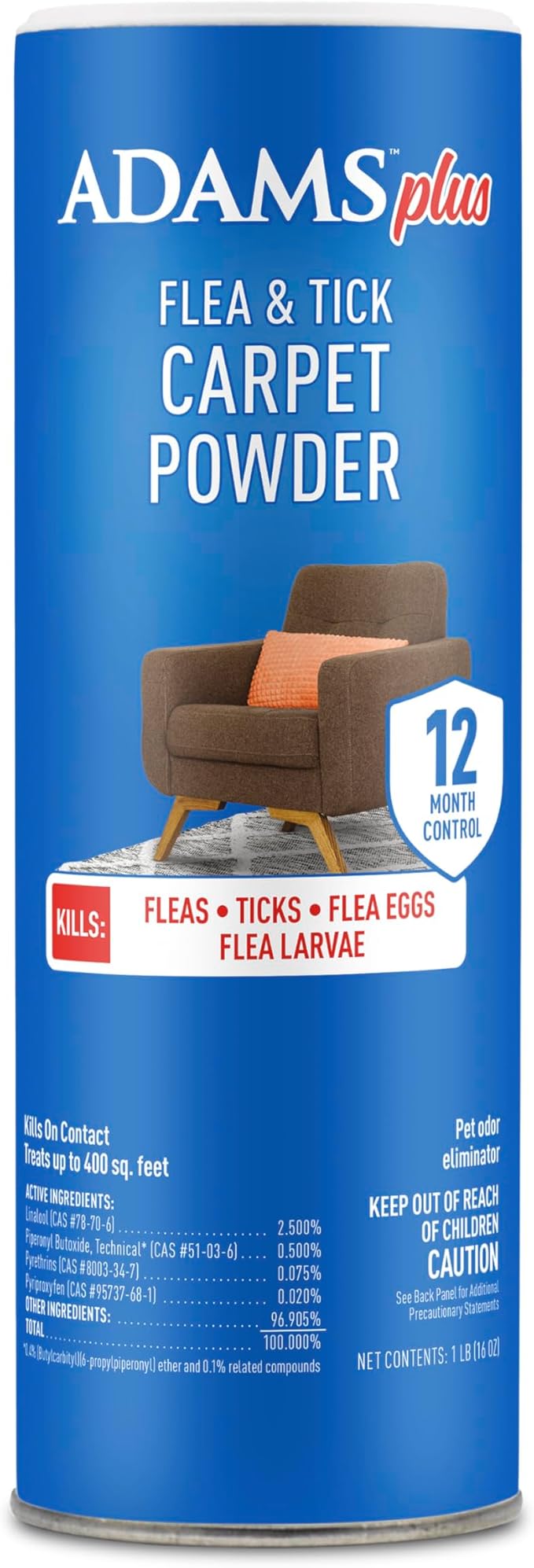 ADAMS Plus Flea & Tick Carpet Powder, Kills Fleas and Ticks On Contact, Prevents Flea Infestations for 12 Months, for Carpets and Upholstery, Freshens and Deodorizes, Treats Up to 400 sq ft, 16 oz