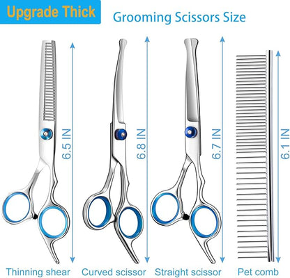 5 in 1 Upgraded Thicken Dog Grooming Scissors, Professional Dog Scissors for Grooming with Safety Round Tips, Lengnoyp Stainless Steel Thinning Shears, Pet Cat Shears for Grooming Kit