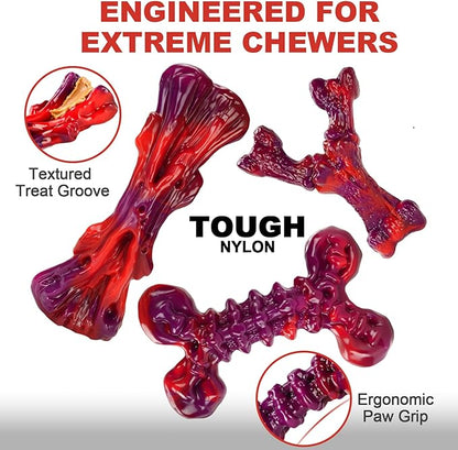 Kseroo Indestructible Dog Toys for Aggressive Chewers 3-Pack: Beef Flavored Dog Chew Toys, Tough Dog Toys for Medium & Large Dogs (20-90lbs), Hard Heavy Duty Nylon Dog Bone Toys to Keep Them Busy, Red