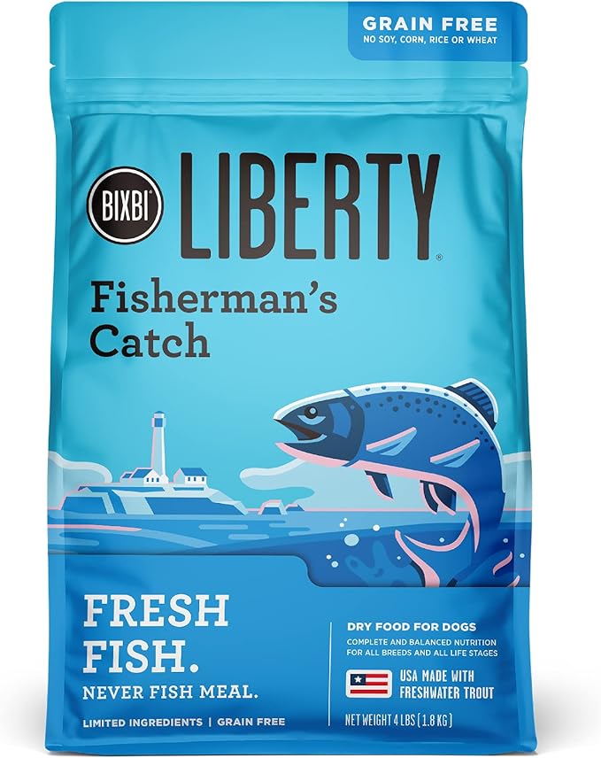 BIXBI Liberty Grain-Free Dry Dog Food, Fisherman’s Catch Recipe – Fresh Fish, High Protein, No Meat Meals – USA Made, 4 lbs