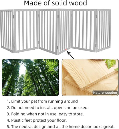 ZJSF Freestanding Indoor Dog Gate for House Foldable Wood Grey Puppy Gate for Doorways Pet Gate for Stairs Extra Wide Pet Fence 32" Height 6 Panels