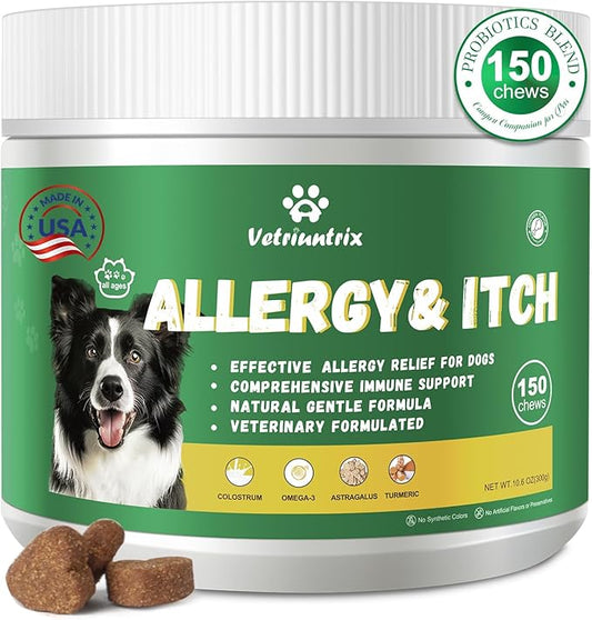 Dog Allergy Chews 150ct, Dog Itch Relief Chews for Large Dogs Paw Licking Itchy Skin Seasonal Allergies, Probiotics with Omega-3 Turmeric Astragalus for Coat Immune Supplement