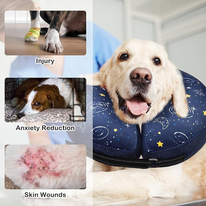 SCENEREAL Dog Cone Alternative After Surgery Donut Collar, Soft Pet Recovery Pillow Collar for Medium Large Dogs, Inflatable Adjustable Neck Collars to Prevent Licking, Planet Print E-Collars M