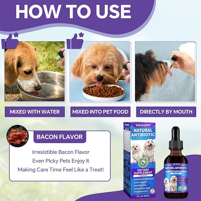 Dog Antibiotics Support - 2PCS Natural Antibiotics Care for Dogs Herbal Supplement for Cough Allergy Itch Relief Immune Support Dog UTI Comfort for All Breeds & Ages - 120 ml/4 Fl Oz Bacon Flavor