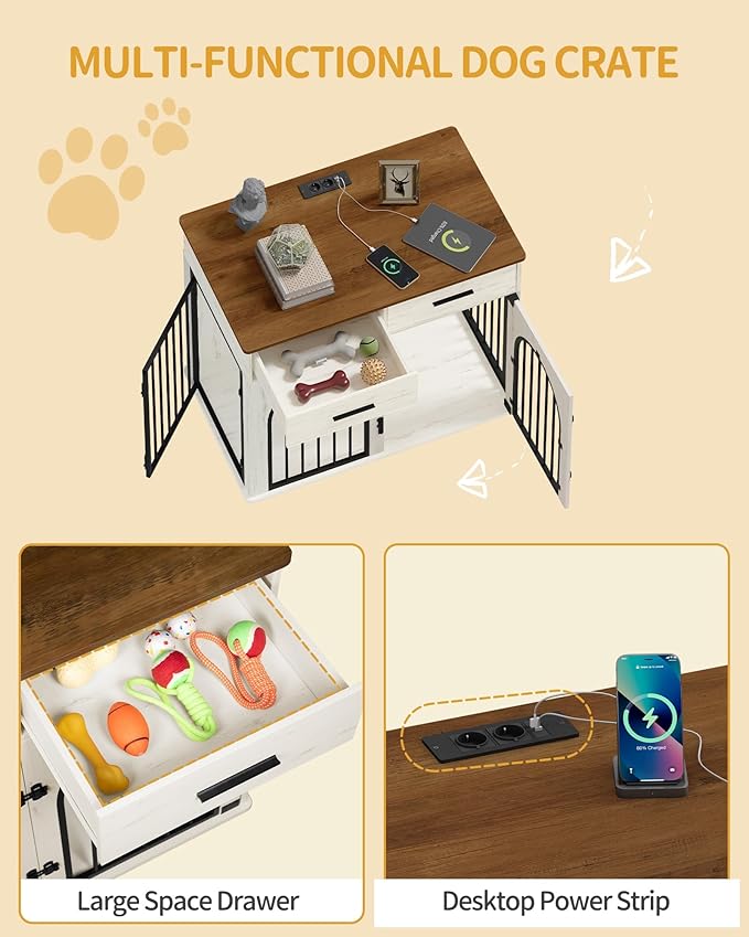 Hzuaneri 39.4'' Large Dog Crate Furniture with 2 Storage Drawers, Heavy Duty Dog Kennel Indoor with Charging Station, Wooden Dog Cage End Table Kennel for Medium/Large Dogs, White Brown DFC84214B