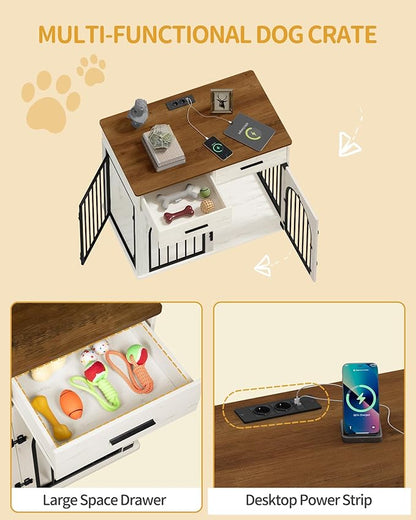 Hzuaneri 39.4'' Large Dog Crate Furniture with 2 Storage Drawers, Heavy Duty Dog Kennel Indoor with Charging Station, Wooden Dog Cage End Table Kennel for Medium/Large Dogs, White Brown DFC84214B