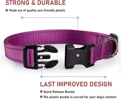 Reflective Dog Collar with Buckle Adjustable Safety Nylon Collars for Small Medium Large Dogs, Purple S