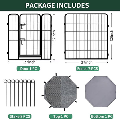 PETIME Dog Playpen,Metal Exercise Puppy Pen Heavy Duty Kennels Yard Fence Indoor/Outdoor 27" W x 32" H 8 Panels Dog Cage with Octagon Top Cover and Bottom Pad