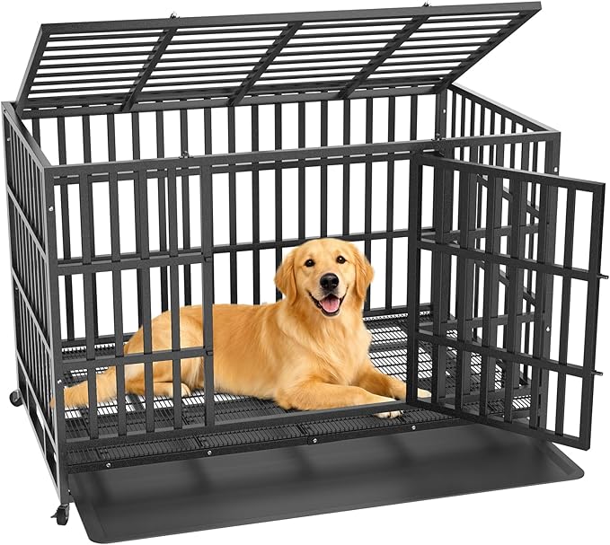Hiwokk 48 Inch Heavy Duty Dog Crate, Indestructible Escape-Proof Dog Kennel for High Anxiety Large Dogs, Strong Metal Pet Cage with Double Doors, Lockable Wheels & Removable Tray, XL XXL XXXL