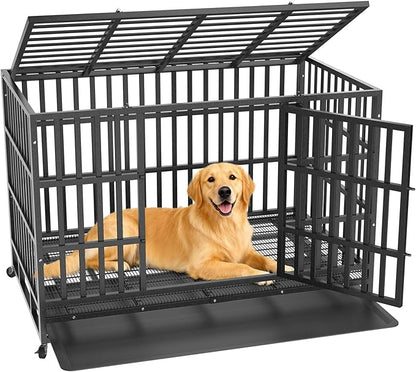 Hiwokk 48 Inch Heavy Duty Dog Crate, Indestructible Escape-Proof Dog Kennel for High Anxiety Large Dogs, Strong Metal Pet Cage with Double Doors, Lockable Wheels & Removable Tray, XL XXL XXXL