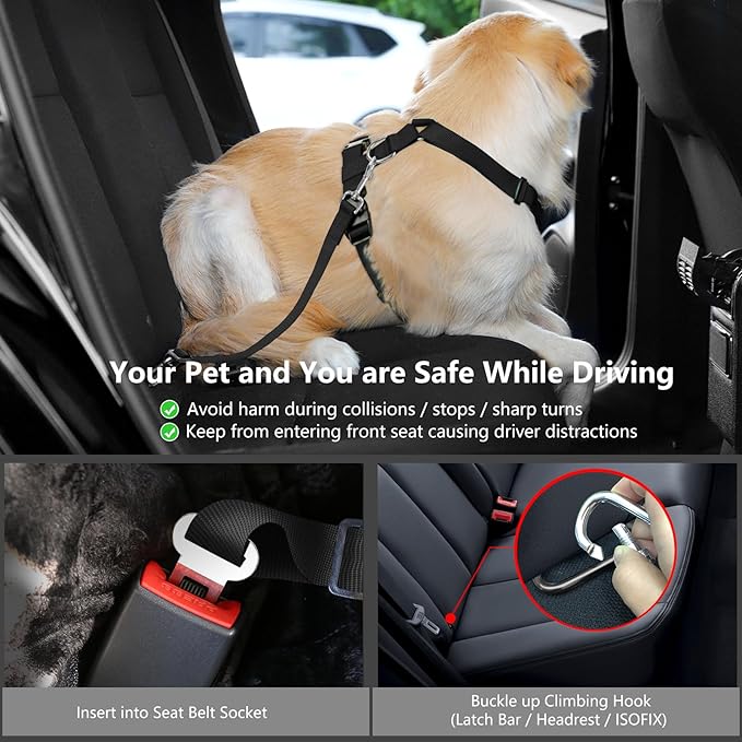 VavoPaw Dog Seat Belt, Safety Vest Dog Car Harness with Adjustable Buckle Dog Seat Belt for Vehicle Nylon Pet Safety Seat Belts Heavy Duty(L, Black Daisy)