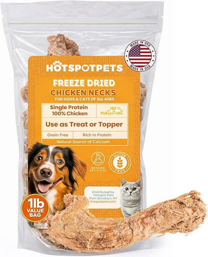 hotspot pets Freeze Dried Chicken Neck Treats for Cats & Dogs - Made in USA, 1lb Big Bag, Single Ingredient All Natural Grain-Free, Crunchy, Perfect for Training, Topper or Snack