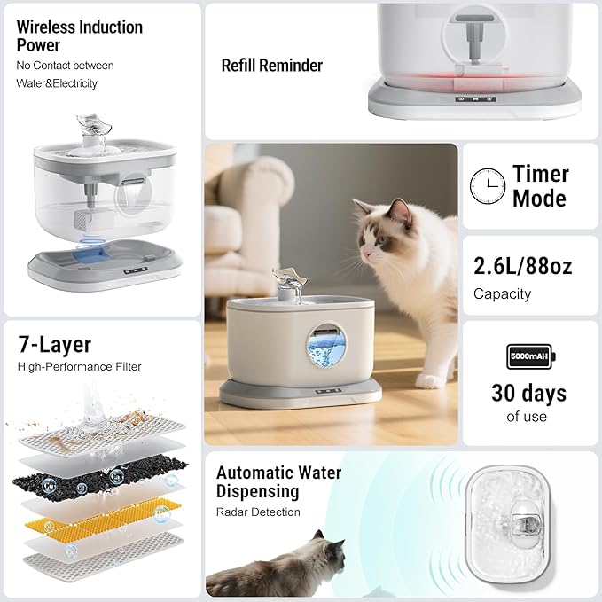 Cat Water Fountain Wireless, Battery Operated Cat Fountain for Drinking, 2.6L/88oz Cordless Pet Fountain with Motion Sensor Automatic Water Dispenser Wireless Pump 2 Filters Indoor BPA-Free