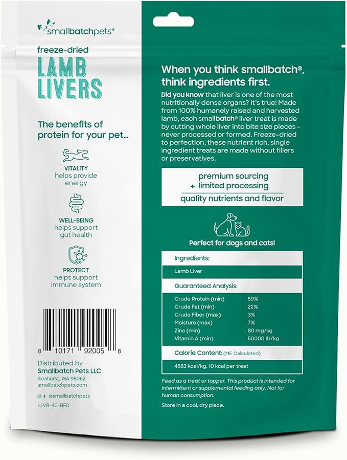 smallbatch Freeze Dried Dog Treats, Lamb Liver Treats for Dogs & Cats, High Protein, Single Ingredient Dog Treat for Training or Food Topper, Natural, Humanely Sourced Meat, Made in the USA, 4 oz