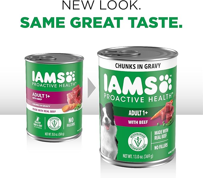 IAMS Proactive Health Wet Dog Food Adult, Canned Dog Food, Beef, Rice, Carrots & Green Beans Chunks in Gravy, 13 oz. Cans (Pack of 12)