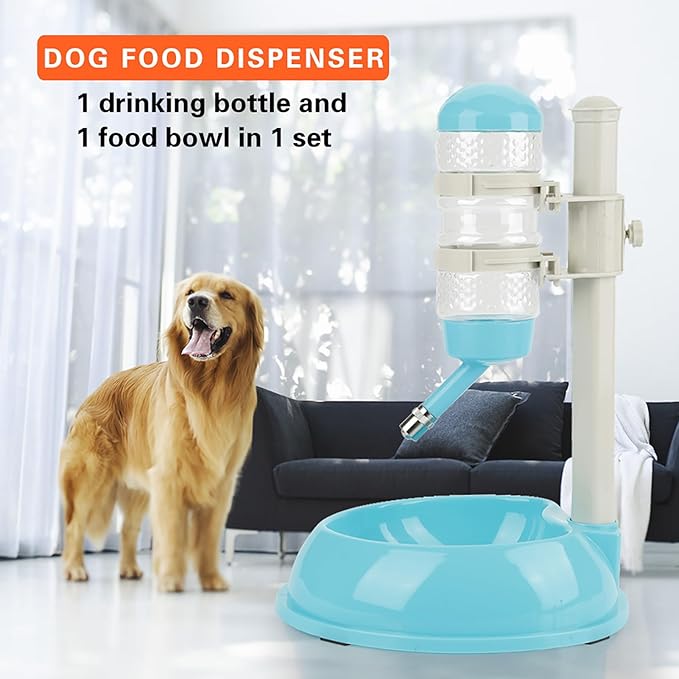 Pet Water Dispenser and Food Bowl, Pet Dog Cat Water Food Feeder Bowl Bottle Standing Dispenser, Height Adjustable Automatic Water Dispenser Feeding Station for Pets Cats Dogs