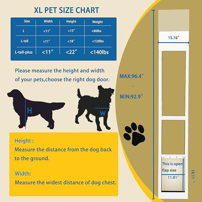 Large Sliding Glass Dog Door Adjustable Height 92.9" to 96.4" Panel with Rotating Screws Suitable for Raised Sliding Glass Door Ideal for Pet Owners