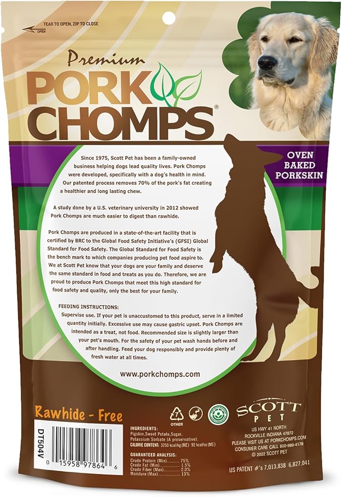 Pork Chomps Baked Pork Skin Dog Chews, 6 Inch Twists, 4 Count - Sweet Potato Wrap - Long-Lasting Treats for Dogs - High Protein, Rawhide-Free, Low Fat, Healthy & Delicious Chews