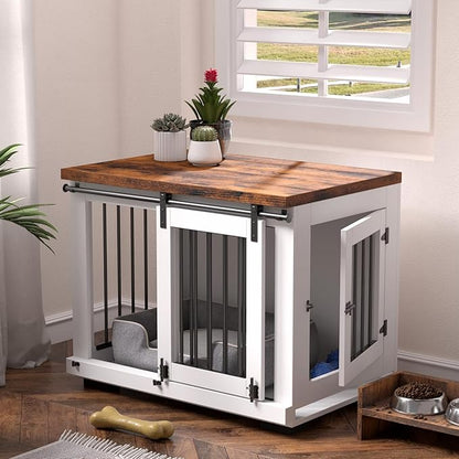 Zakkart Dog Crate Furniture Barn Door for Medium Dogs Up to 40 lbs. - Puppy Kennel w/Thickened Farmhouse Top & Steel Bars - 30'' Wide - White Decorative Modern Dog Crate Table, End Table, Nightstand
