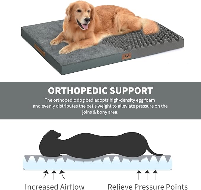 Flat Extra Large Dog Bed, Jumbo Waterproof Dog Bed for Large Dogs, Orthopedic Egg Crate Foam Pet Mat with Removable Washable Cover, Gray