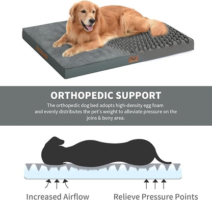 Flat Extra Large Dog Bed, Jumbo Waterproof Dog Bed for Large Dogs, Orthopedic Egg Crate Foam Pet Mat with Removable Washable Cover, Gray