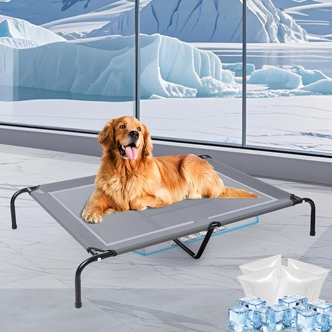 48'' Outdoor Elevated Dog Bed with Four Ice Pack, Raised Dogs Bed Medium Large Size Dogs, Breathable Cooling Dog Cot Beds with Six Support Feet, Outdoor Pet Hammock Beds, Outside Pet Beds(Large)