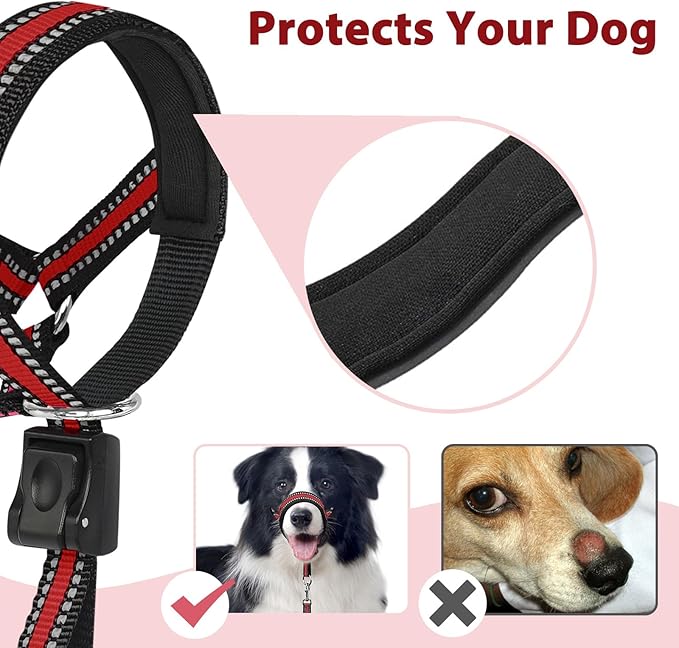 BARKLESS Soft Dog Head Collar, Patented Padded No Pull Head Halter, Training Nose Leash with Safety Link for Medium Large Dogs, Adjustable Muzzle Leash, Easy Control for Walking (M, Red)