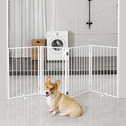 Metal Freestanding Dog Gates with Door for Outdoor Indoor,80'' Extra Wide 32'' Tall Free Standing Dog Gate for Doorways,Large Openings,Deck,Yard,Porch,Foldable Pet Fence(White,4 Panels)