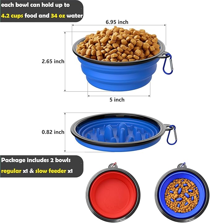 2 Pack [Slow Feeder Design + Regular], Collapsible Dog Bowl Travel Portable Pet Bowls, [34oz,1000ml] Foldable Food Water Feeding Dishes for Traveling Hiking Walking with Carabiners [Blue,Red]