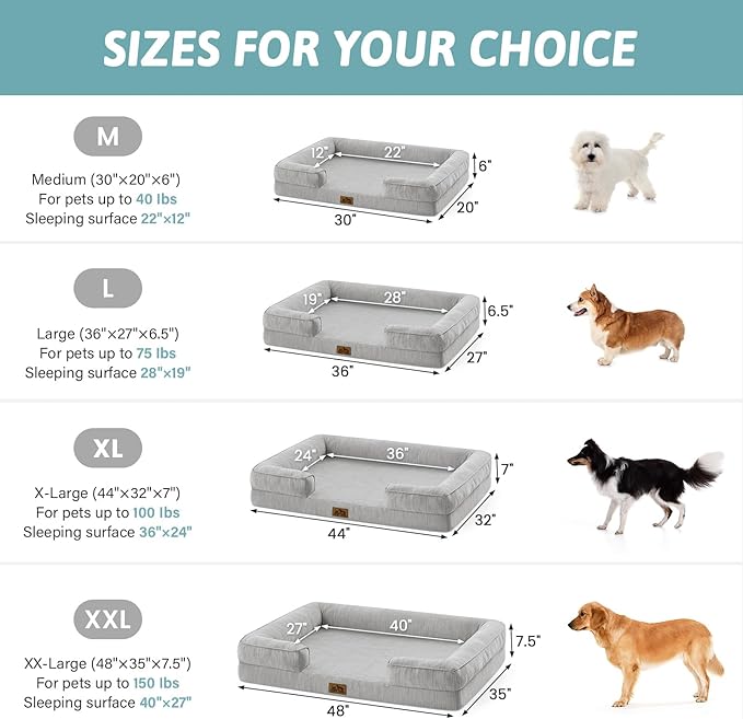 Cooling Dog Bed for Extra Large Dogs, Q-Max >0.4 Summer Cool Orthopedic Foam Pet Sofa Bed with Sides, Bolster Anti-Slip Couch with Washable Removable Cover, XXL 48x35x7.5 inch, Grey