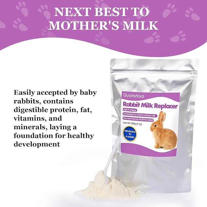 Rabbit Milk Replacer, 200 Grams Bunny Milk Replacement - High-Protein Formula for Newborn Bunnies & Orphaned Baby Rabbits, Supports Gut Health and Digestion