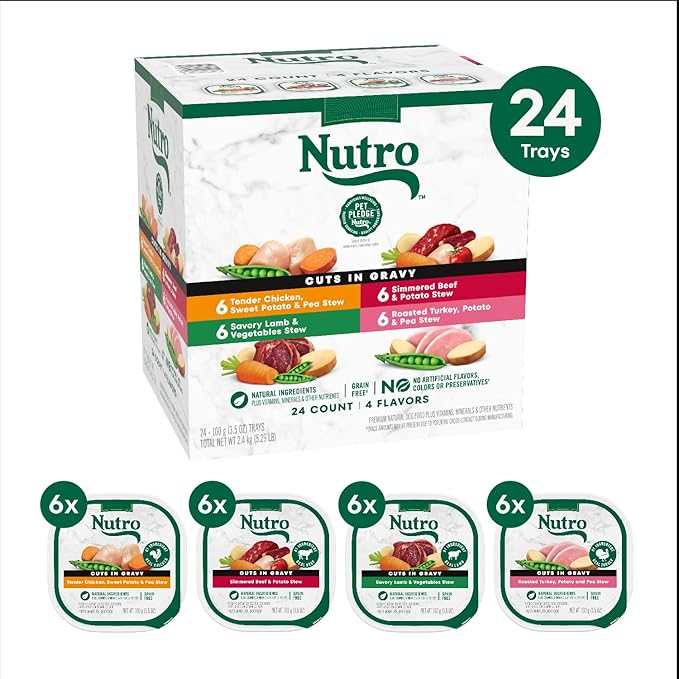 Nutro Natural Choice Cuts in Gravy Wet Dog Food, Grain Free Dog Food Wet Turkey, Chicken, Lamb, Beef Recipes Variety Pack, 3.5 oz. Trays (24 Count, Pack of 1)