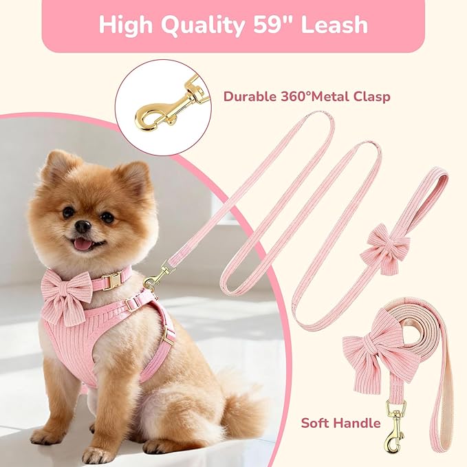 Small Dog Collar Harness and Leash Set, Dog Harness no Pull with Bowtie, Breathable Cotton Adjustable Pet Puppy Harness, Easy Walk Dog Harness, S(14–18.9")