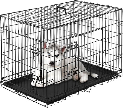PayLessHere Small Dog Crate Kennel 24 inches Metal Dog Cage Double-Door Folding Travel Indoor Outdoor Puppy Playpen with Divider and Handle Plastic Tray,Black