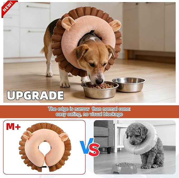 KOOLTAIL Inflatable Dog Cone Collar, Soft Donut E Collar for Dogs After Surgery to Stop Licking Enhanced Alternative, Blow Up Pet Neck Pillow Recovery Adjustable Cone for Dog Cat, Lion M