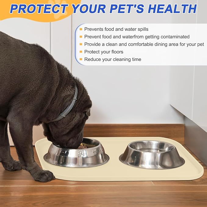 Silicone Pet Feeding Mat with Raised Edge for Food and Water, Dog Bowl Mats, Cat Bowls Placemat with High Lip for Floor Waterproof, Rubber Tray for Cats and Dogs 22 x 14 x 0.8 White Sand (Yellow Cast)