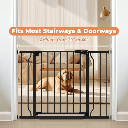 29"-40" Baby Gate for Stairs, Auto Close Stroller Friendly Dog Gate Indoor for Doorways, Pressure Mounted Baby Gate, Easy Walk Through Gate for Children & Pets, Black
