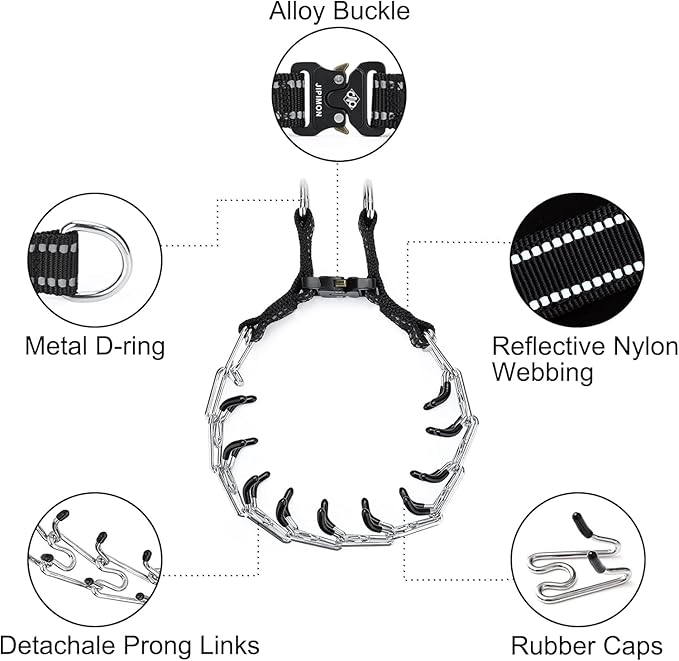 Prong Collar for Dogs Adjustable No Pull Dog Choke Pinch Training Collar with Comfortable Rubber Tip for Small Medium Large Dogs (Small, Black)