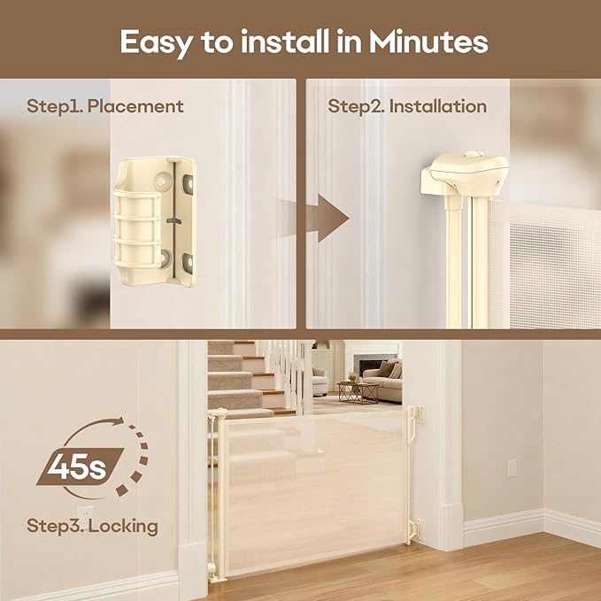 SPACEANY Retractable Safety Baby Gate or Mesh Dog Gate,Durable Portable Mesh Retractable Gate,Easy to Use for Stairs, Doorways, Hallways, Indoor, Outdoor, 33.5" Tall, Up to 45" Wide, Cream
