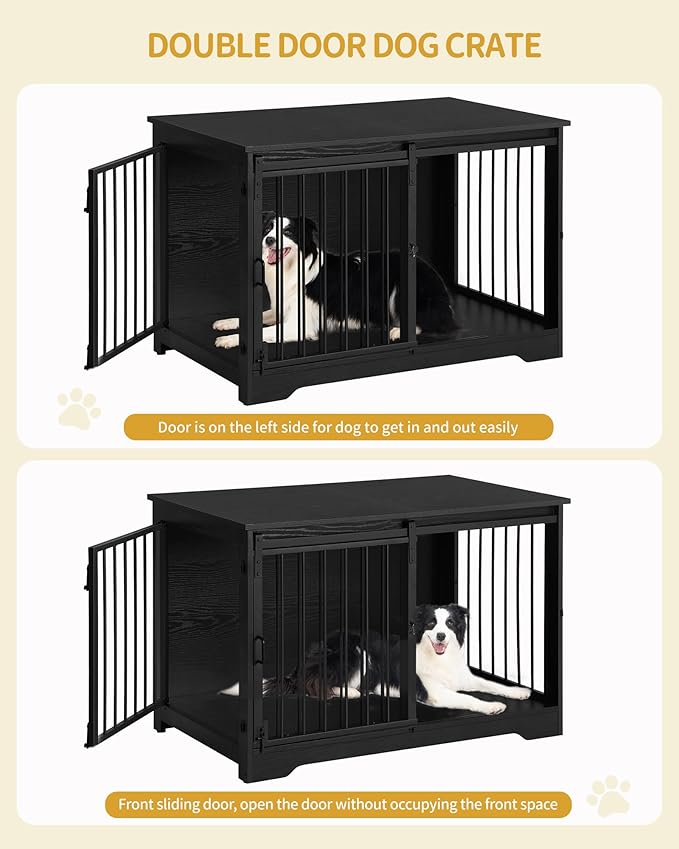 Hzuaneri 39.3" Dog Crate Furniture with Barn Door, Heavy Duty Dog Kennel Indoor with 2 Doors, Wooden Pet Cage End Table for Large Small Medium Dogs, Anti-Chew Anti-Escape, Black DFC02304B