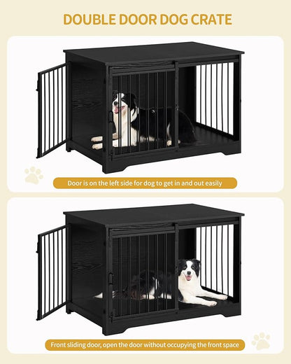 Hzuaneri 39.3" Dog Crate Furniture with Barn Door, Heavy Duty Dog Kennel Indoor with 2 Doors, Wooden Pet Cage End Table for Large Small Medium Dogs, Anti-Chew Anti-Escape, Black DFC02304B
