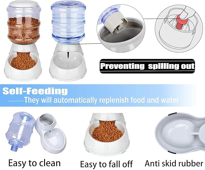 Old Tjikko Automatic Feeder and Water Dispenser in Set,Gravity Food Feeder and Waterer with Pet Food Mat,Large, 3 Gallonx 2, Gray (Water and Food Dispenser Set)
