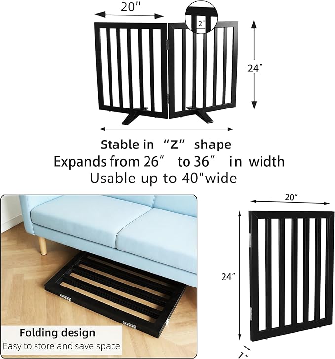 Dog Gate Indoor, Freestanding Dog Fence for The House, Doorways, Hallways,or Stairs,Pet Gate Foldable Wooden,Expandable 24" Height 2 Panels,Black