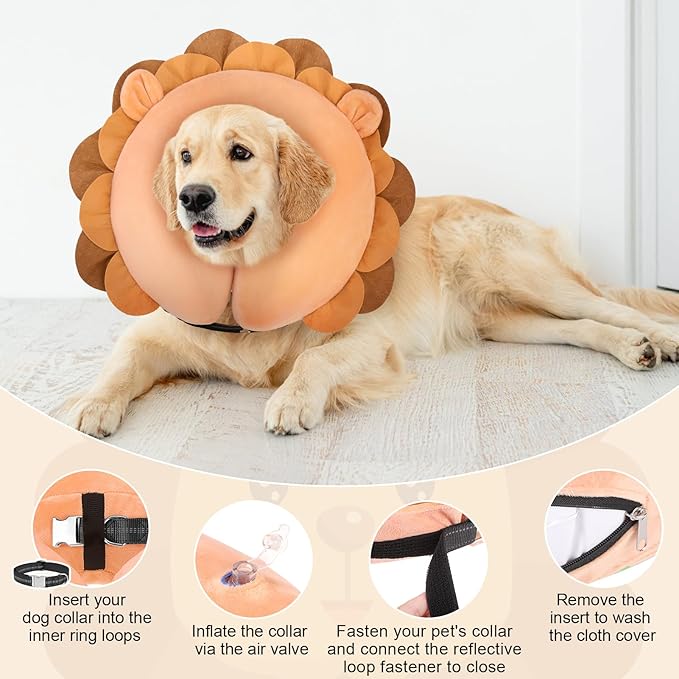 BEAUTYZOO Dog Cone Alternative After Surgery for Large Medium Small Dogs, Soft Inflatable Cone Collar for Dogs Cats, Dog Neck Donut E Collar Dog Recovery Collar to Stop Licking, Lion, L