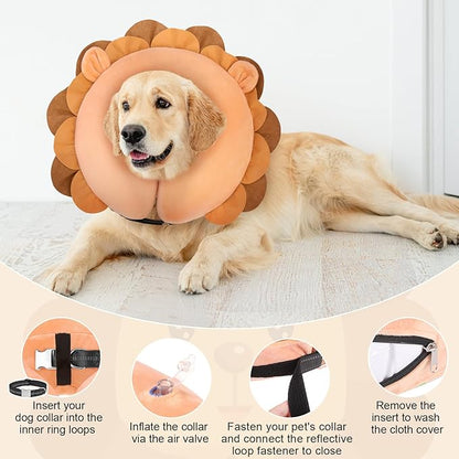 BEAUTYZOO Dog Cone Alternative After Surgery for Large Medium Small Dogs, Soft Inflatable Cone Collar for Dogs Cats, Dog Neck Donut E Collar Dog Recovery Collar to Stop Licking, Lion, L