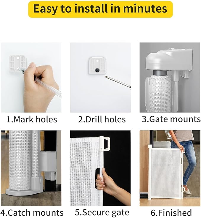 Retractable Baby Gate for Stairs – 33” Height, Expands up to 55” Width – Safety Gate for Infants, Toddlers, Dogs & Pets – Easy Install, Secure Closure, White Mesh Design for Indoor & Outdoor Use