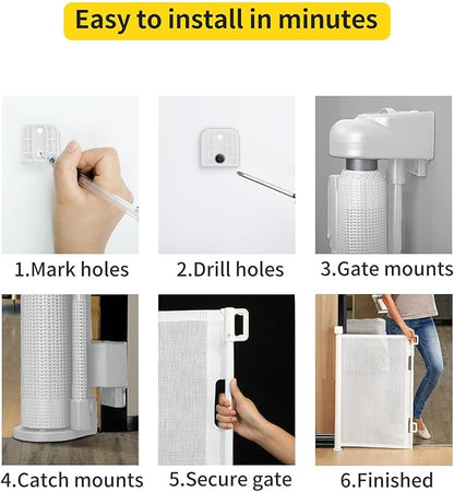 Retractable Baby Gate for Stairs – 33” Height, Expands up to 55” Width – Safety Gate for Infants, Toddlers, Dogs & Pets – Easy Install, Secure Closure, White Mesh Design for Indoor & Outdoor Use