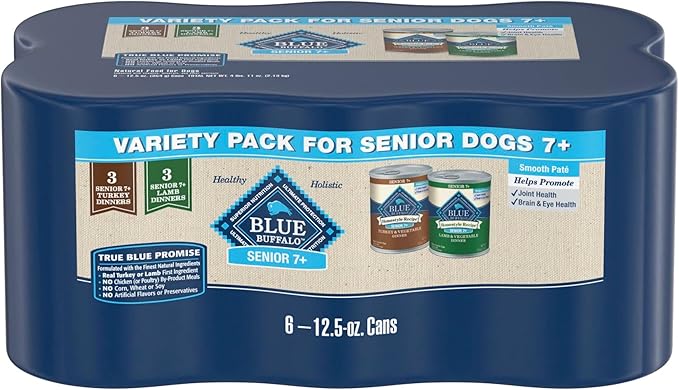 Blue Buffalo Homestyle Recipe Senior 7+ Turkey and Lamb Wet Dog Food for Senior 7+ Dogs, 12.5 oz. Cans, 6 Count Variety Pack